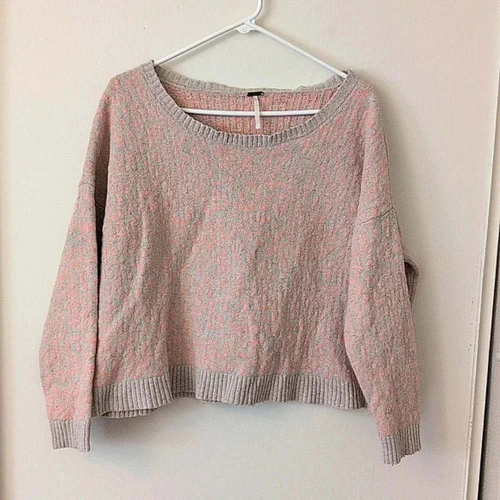 Free People Womens Med Cool Cat Sweater Pink Beige Leopard Print Wool Boho